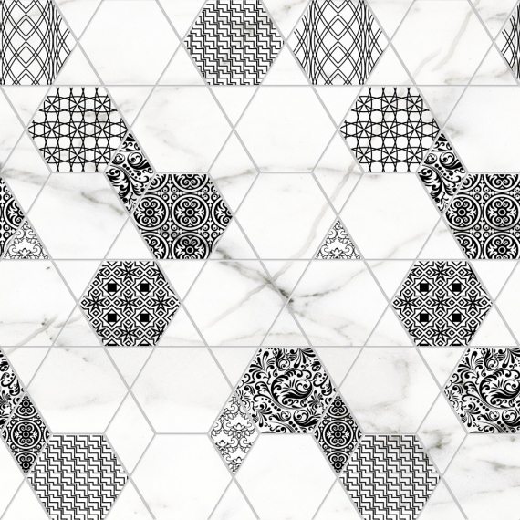 Каррарский мрамор Декор 250*450 гексагон (1*9) Ласселсбергер