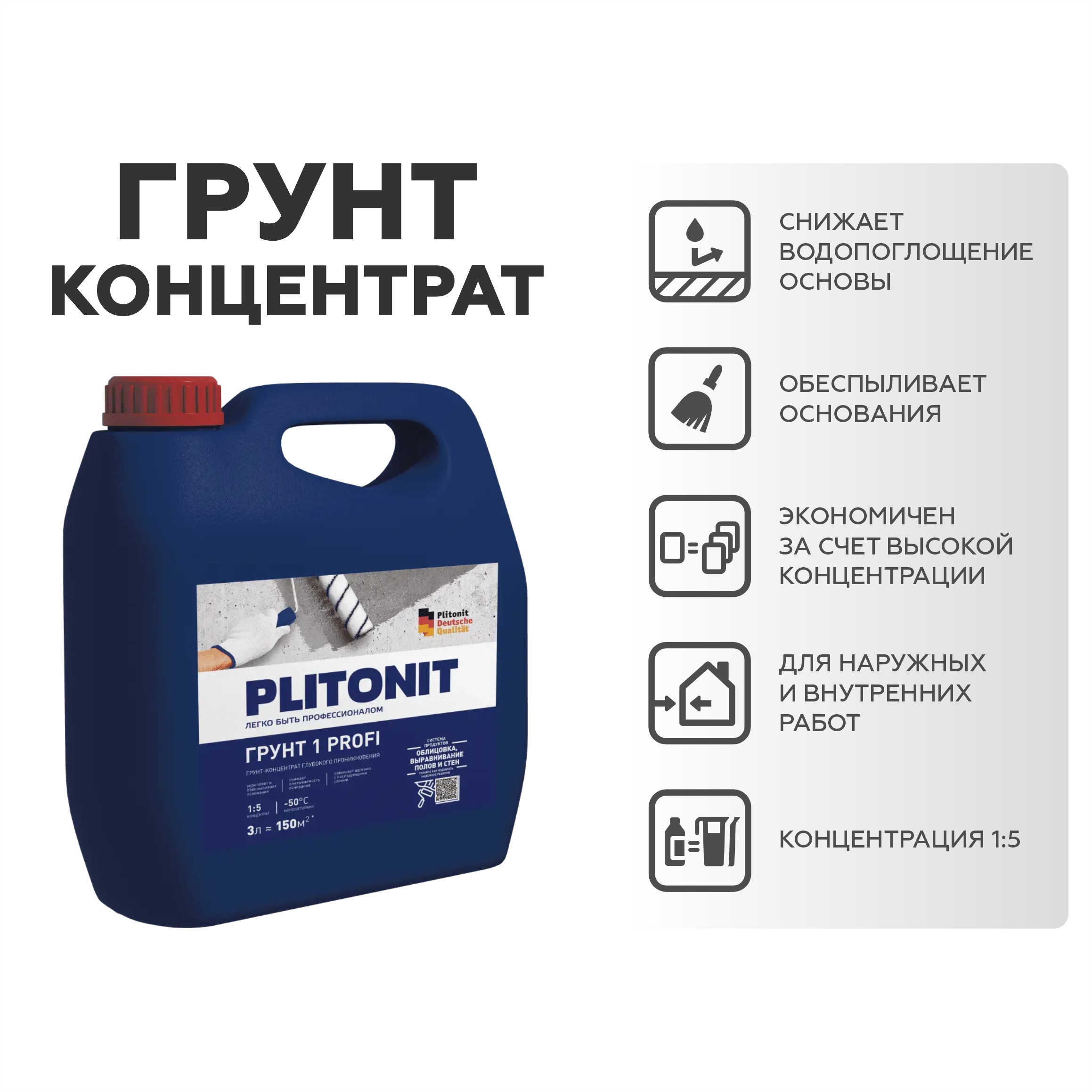 PLITONIT Грунт 1 PROFI глубокого проникновения, концентрат 1:5 3л